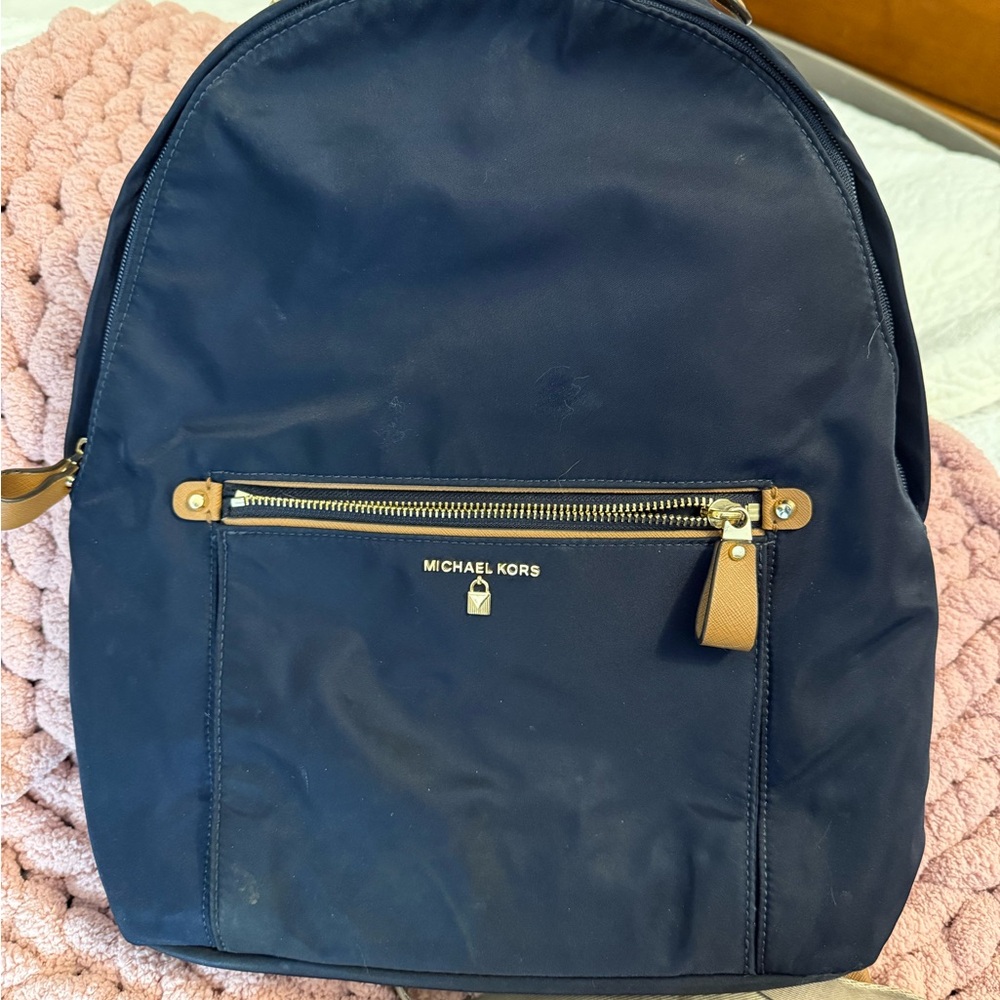 Michael Kors Dark Blue Backpack with Tan Accents
